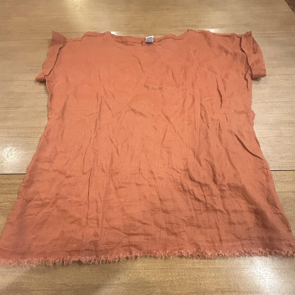 Magaschoni 100% Linen Shirt Womens Medium Orange Fringe Hem Cap Sleeve Boho Top
